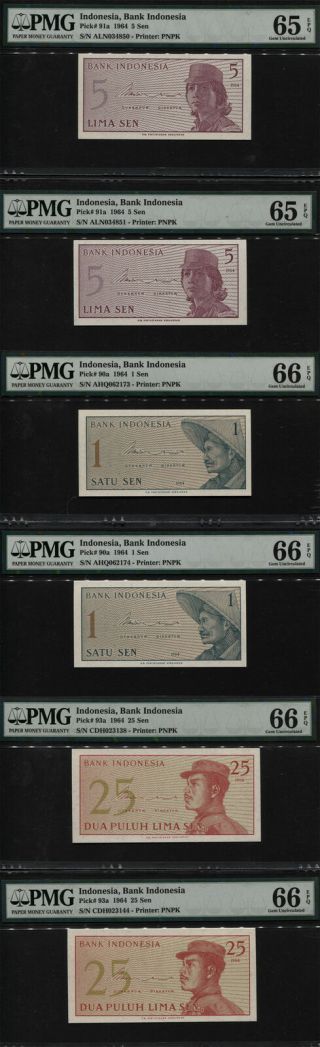 Tt Pk 90a,  91a & 93a 1964 Indonesia 1,  5 & 25 Sen Pmg 65q & 66q Gem Unc Set Of 6