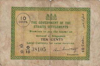 Straits Settlements 10 Cents Banknote 1919 - 20 P.  6c Good