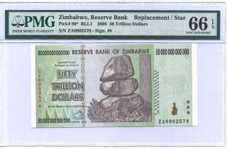 Zimbabwe 50 Trillion Dollars 2008 Za P 90 Replacement Gem Unc Pmg 66 Epq