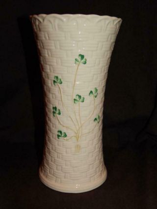 Belleek Irish Porcelain Colleen Basketweave Shamrock Vase 10 " Tall