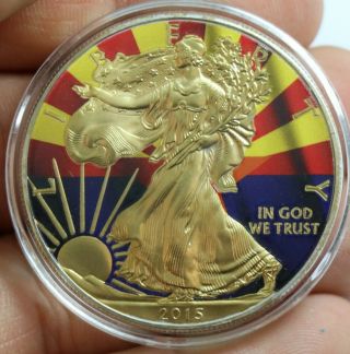 2015 Arizona U.  S.  State Flags 24k Gold Gilded & Colorized Silver Eagle
