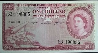 British Caribbean Territories $1 Dollar Aunc 1960 P 7 Queen Elizabeth Qeii