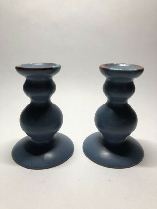 Dansk International Mesa Blue 5.  25 " Stoneware Candlesticks Candle Holders Pair 2