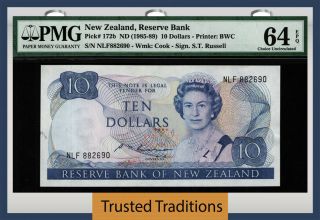 Tt Pk 172b 1985 - 89 Zealand 10 Dollars Queen Elizabeth Ii Pmg 64q Choice Unc