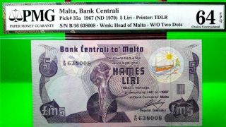 Money Malta 5 Liri 1967 Nd 1979 Bank Cetrali Gem Unc Pick 35a Value $150