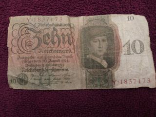 Extremely Rare 10 Reichsmark Issued On October 10,  1924 In Vg -