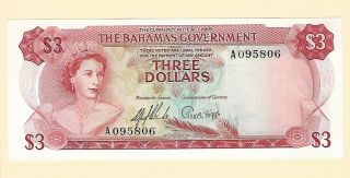 1965 $3 Banknote Government Of The Bahamas Three Dollars Bahamian Currency Au