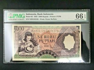 1958 Indonesia Bank Indonesia 1000 Rupiah Pick 62 Pmg 66 Epq