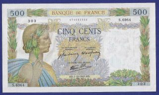 Gem Uncirculated 500 Francs 1942 Banknote From France No Pinholes