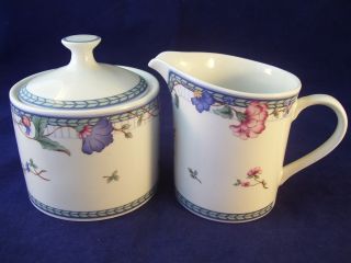 Oneida Fine Porcelain Blue Lattice Creamer & Sugar Set Bowl W/ Lid Cream Pitcher
