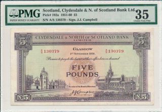 Clydesdale & N.  Of Scotland Bank Ltd.  Scotland 5 Pounds 1956 Pmg 35