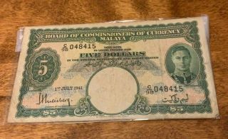 Malaya Currency $5.  00 Bill Dated July 15,  1941