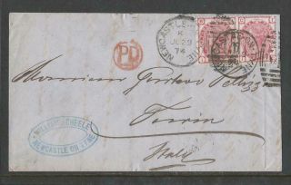 Gb Qv 1874 Cover Newcastle On Tyne To Italy With 3d Pale Rose Plt.  14 Pair Sg;144