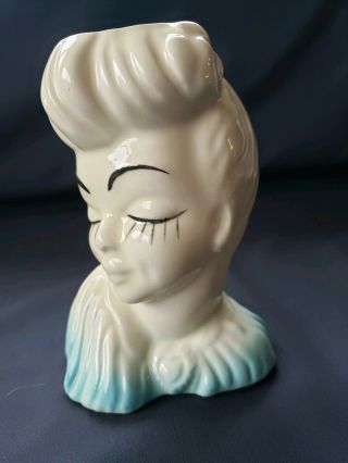 Vintage Glamour Girl Lady Women Head Vase Planter Pottery Blue