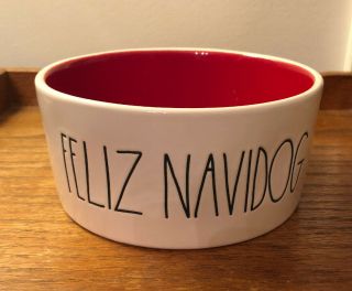 Rae Dunn White Farmhouse Dog Bowl Christmas Red Inside Feliz Navidog 6” 2019