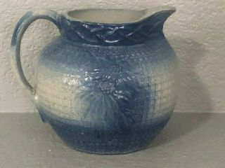 Bristol Salt Glaze Blue White Stoneware Poinsettia Pitcher Ohio Early 1900 