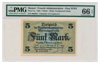Memel Banknote 5 Mark 1922.  Pmg Ms - 66 Epq