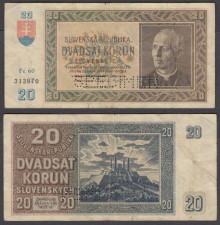 Slovakia 20 Korun 1939 (f) Banknote Specimen P - 5s