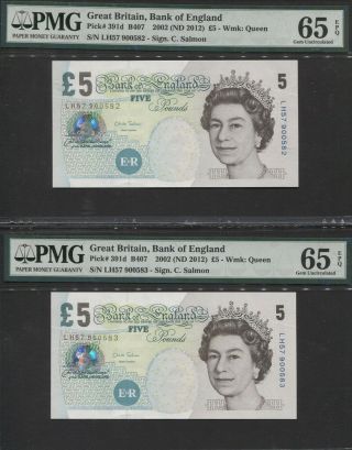 Tt Pk 391d 2002 Great Britain 5 Pounds Queen Elizabeth Ii Pmg 65q Seq Set Of Two