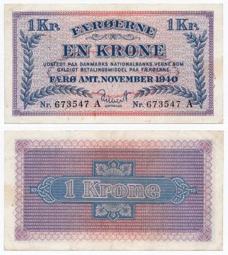 Faeroe Islands,  1 Krone 1940,  Pick 9,  Vf,