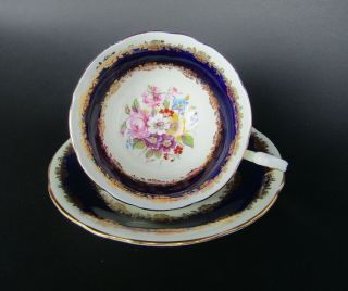 Vintage Aynsley Teacup And Saucer - Cobalt Blue With Floral Center