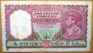 Reserve Bank Of India Burma George Vi 5 Rupees Very Fine Grade No Nicks Cut.