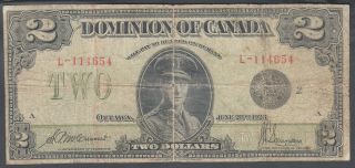 1923 Dominion Of Canada 2 Dollars Bank Note Black Seal