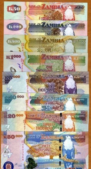 Set Zambia,  50;100;500;1000; 5000;10000;20000;50000,  2007 - 2011 P -,  Unc