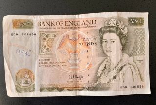 1991 Great Britain 50 Pounds Banknote,  Kentfield B361 Circ.  E09 608899