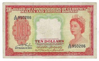 Malaya And British Borneo P - 3 10 Dollars 1953 F