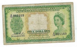 Malaya And British Borneo P - 2 5 Dollars 1953 Circulated