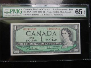 1954 Bank Of Canada $1 One Dollar Replacement B/m 3938811 Bc - 37ba Pmg Gem 65
