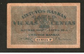 Lithuania,  Russia,  Latvia,  Germany - 1 Centas 16.  11.  1922 Seria P - Vf