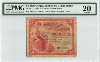 Belgian Congo 1942 P - 13 Pmg Very Fine 20 5 Francs (deuxieme Emission 1942)