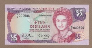 Bermuda: 5 Dollars Banknote,  (unc),  P - 35b,  Low S/n,  20.  02.  1989,