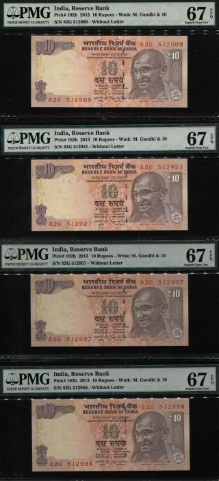 Tt Pk 102h 2013 India Reserve Bank 10 Rupees " Gandhi " Pmg 67 Epq Set Of 4