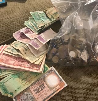 Group Of Foreign Coins Plus Paper Money Hong Kong 100 Dollars