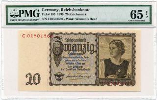 Germany - 3rd Reich 20 Reichsmark 1939 P185 Pmg Gem Unc 65 Epq