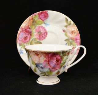 Stechcol Gracie Bone China Cup And Saucer Set Floral Roses Gold