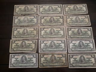 15 Notes - $1 - Canadian Bank Note Set - 1937 All Circulated - - - 108