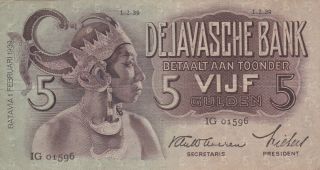5 Gulden Fine Banknote From Netherlands Indies/javasche Bank 1939 Pick - 78