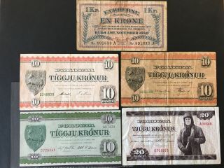 Faeroe Islands 1940 - 1986,  5 Notes,  1 Kr. ,  3x10 Kr. ,  And 20 Kr,  Unc - Vg,  Scarce