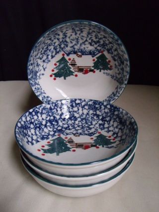 Folk Craft Tienshan Cabin In The Snow Christmas Sponge Pottery 4 Cereal Bowls C
