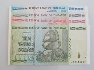 4 - Note Zimbabwe Set,  Uncirculated: 10,  20,  50 & 100 Trillion Dollars