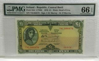 Ireland - Republic,  Central Bank 1976 1 Pound P - 64d Pmg Gem Unc 66 Epq.