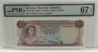 Bahamas Monetary Authority 1968 $1/2 P - 26a Issued Pmg Gem Unc 67 Epq