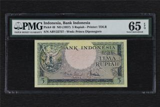 1957 Indonesia Bank Indonesia 5 Rupiah Pick 49 Pmg 65 Epq Gem Unc