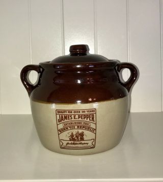 James E.  Pepper Bourbon Whiskey Monmouth Stoneware Crock Bean Pot W/lid,  Handles