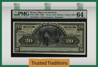 Tt Pk S300b 1914 Mexico Remainder 20 Pesos Pmg 64 Choice Unc Scarcely Certified
