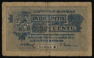 Lithuania (p11a) 20 Centu 1922 Vg,